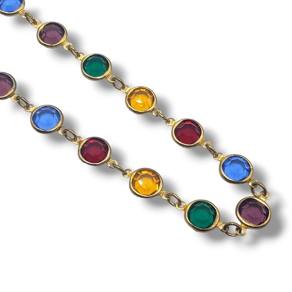 Faceted Gem Color Beads Bezel Set Gold Tone Chain Necklace - Picture 2 of 7